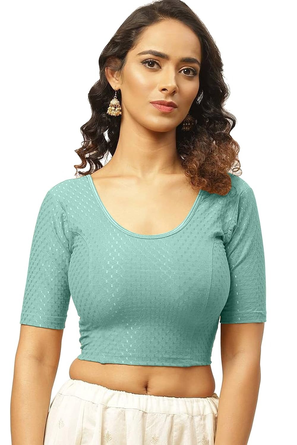 Round Neck Pure Cotton Dobby Stretchable Elbow Sleeve Readymade Saree Blouse for Women Stylish