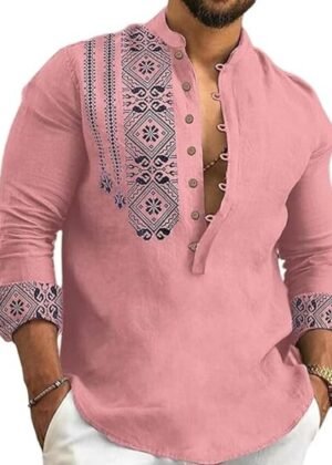 Men’s Cotton Blend Mandarin Collar Self One Design Full Sleeve Casual Short Kurta – Pink
