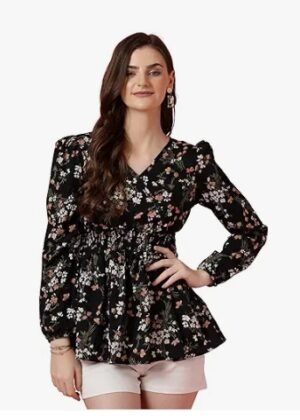 Women’s Crepe Puff Sleeves Peplum Top with Floral Printed Regular Fit Full Sleeve and V-Neck Maxi Length