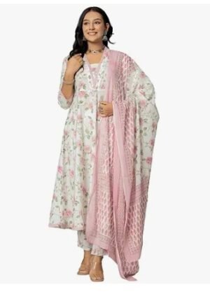 Women’s Cotton Printed Anarkali Kurta with Palazzo Pants and Dupatta – Pink