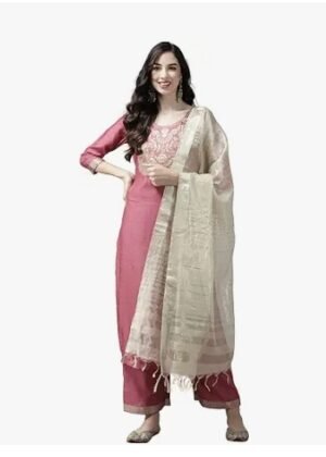 Women’s Cotton Yoke Design Straight Kurta Pant with Dupatta Set