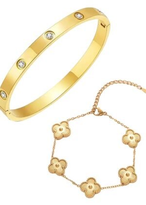 2PCS Clover Bracelet, Friendship Couple Wedding Gifts for Mother Sister Wife Girlfriend Elegant Gold Bangle
